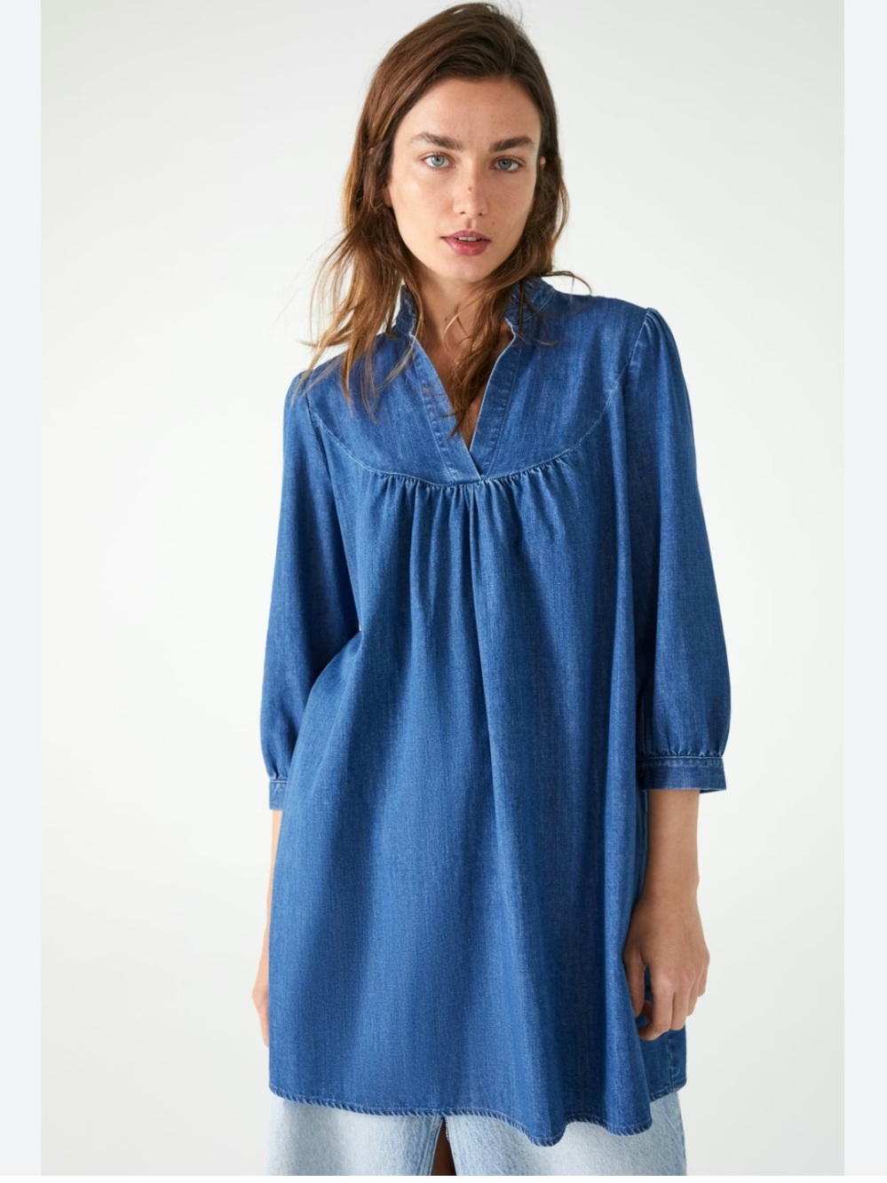 ZARA Denim Babydoll Midi‎ Dress Size Large Western Coquette Layering Boho Blue